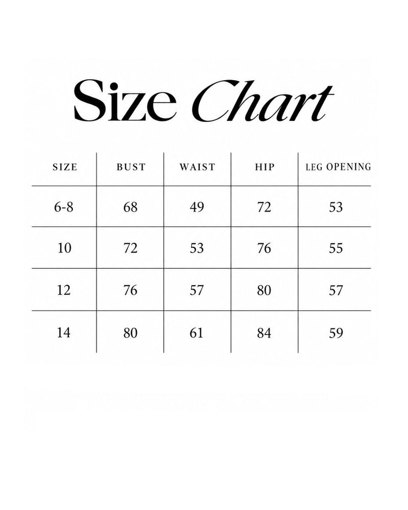 Size chart for Phoenix diamond back jumpsuit - Black